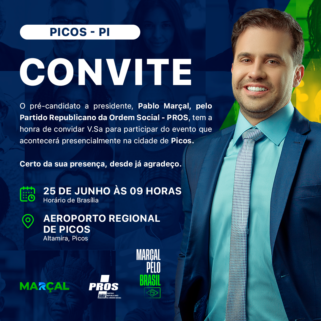 O pré-candidato à presidência, Pablo Marçal (PROS), desembarca em Picos neste sábado(25)