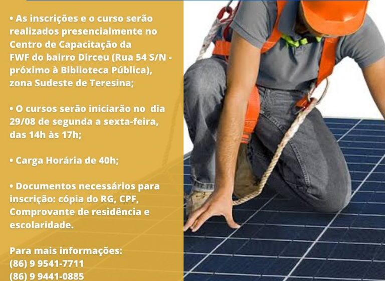  Prefeitura abre inscrições para curso de Operador em sistemas fotovoltaicos