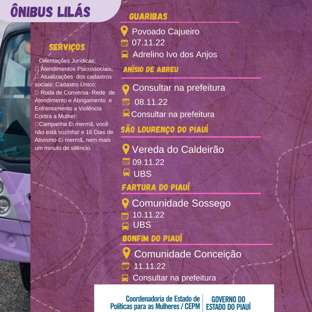 Ônibus Lilás inicia hoje(07) atendimento às mulheres na Serra da Capivara