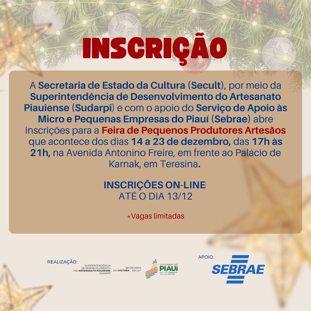Encerra hoje(13) o prazo para Feirantes e Artesãos se inscreverem para Feira