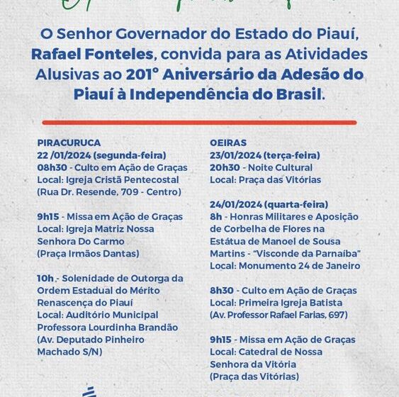  Começa hoje(22) programação pelo Dia da adesão do Piauí à independência do Brasil