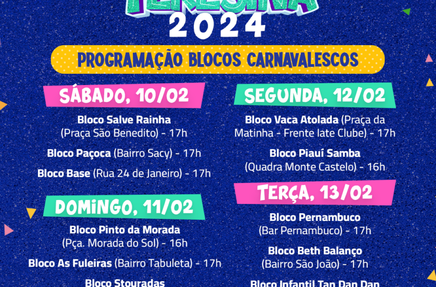  Prefeitura divulga programação dos Blocos de Carnaval em Teresina
